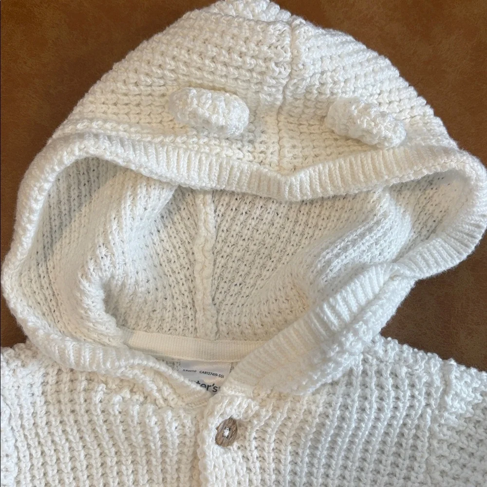 Carter’s Cozy White Knit Baby Hoodie - Knitted with Ears - Size 3 month